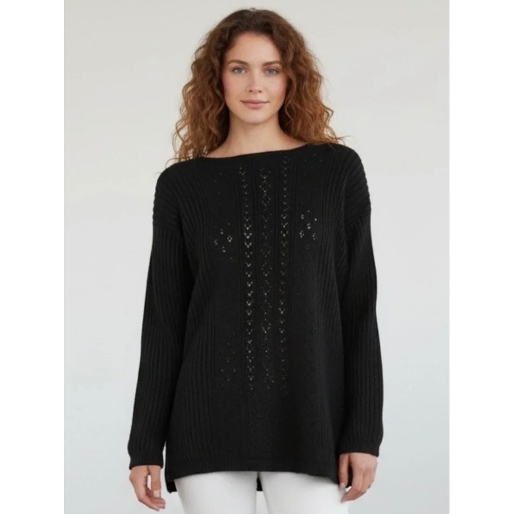 Jones Wear Black Lambswool Blend Ribbed Pointelle Boat Neck Sweater Small